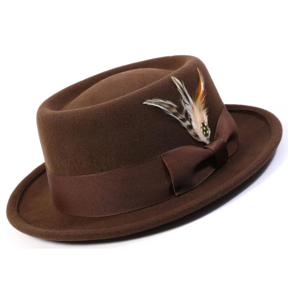 MONTIQUE BROWN  PORK PIE  FEDORA WITH MATCHING FEATHER     H-88